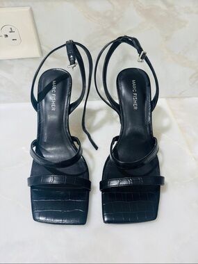 Marc Fisher Black Croc-Embossed Strappy Square-Toe Heels